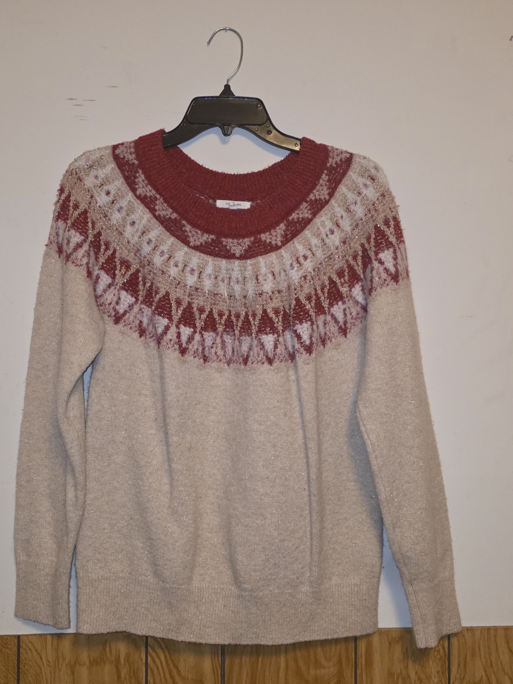Maurices Cream Sweater with Red Fair Isle Yoke